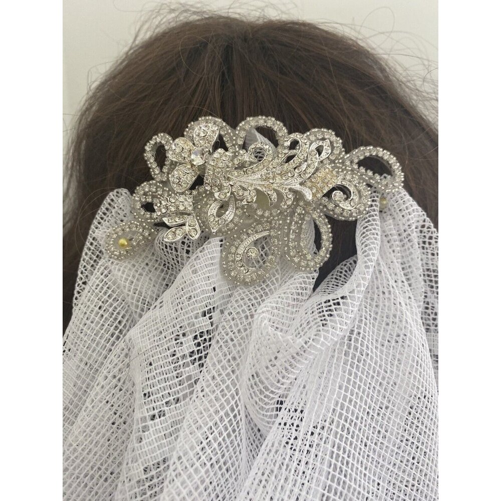 Vtg Bridal Hair Piece Brooch and Earring Set Silver Filigree Rhinestones 4.5"‎ - Picture 2 of 12